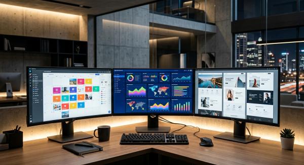 Modern office interior with multiple screens displaying website analytics and social media