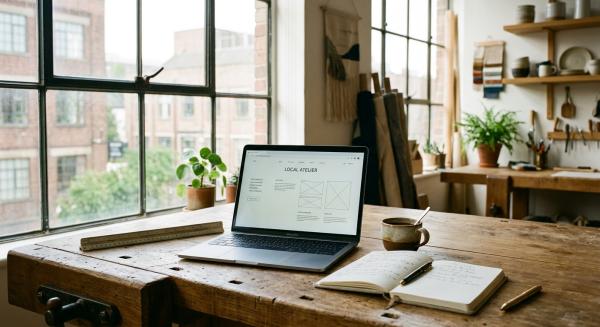 Sunlit minimalist workspace with laptop displaying clean website wireframe beside espresso cup