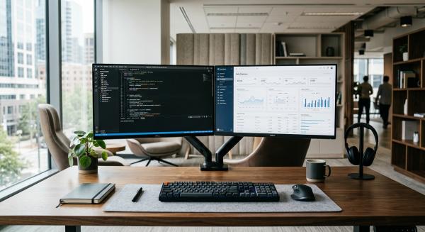 Minimalist and professional developer workspace with dual monitors in a modern office.