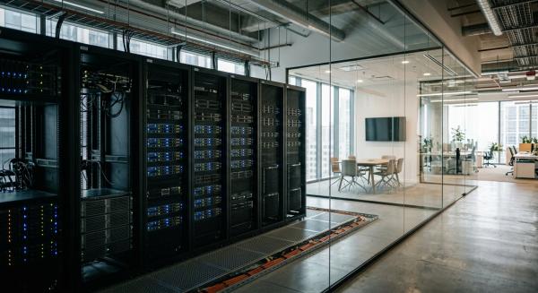 Modern office with servers and screens displaying business data in natural daylight