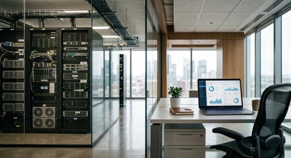 Modern office with servers and screens showing business data in natural daylight