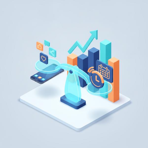 Charts and digital icons representing the choice between automation and manual work in business